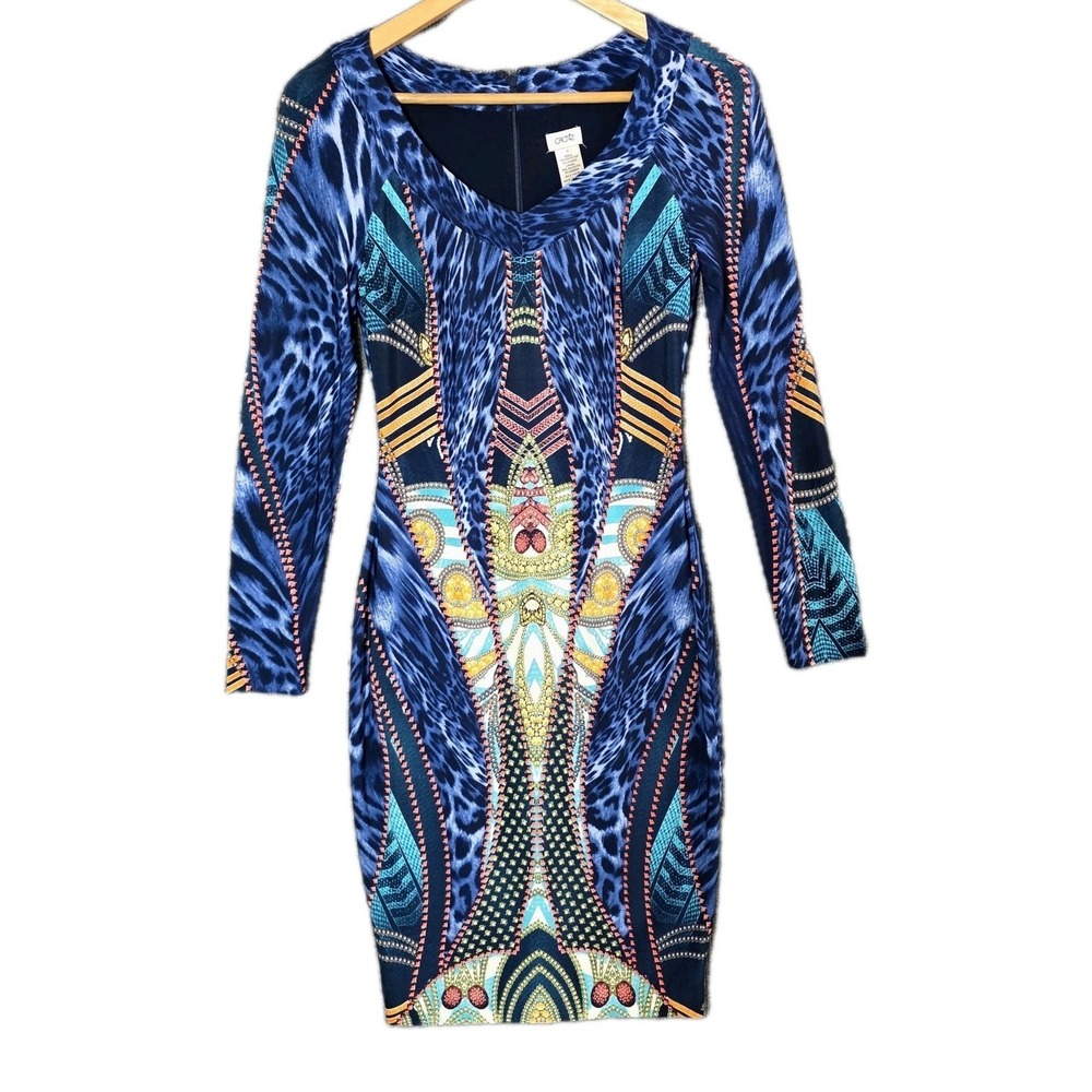 Cache Blue V Neck Leopard Geometric Print Long Sleeve Sheath Dress Abstract Sz 0